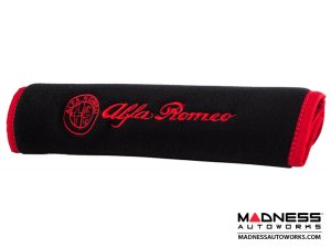 Seat Belt Shoulder Pads - set of 2 - Black w/ Alfa Romeo Logo + Red Binding